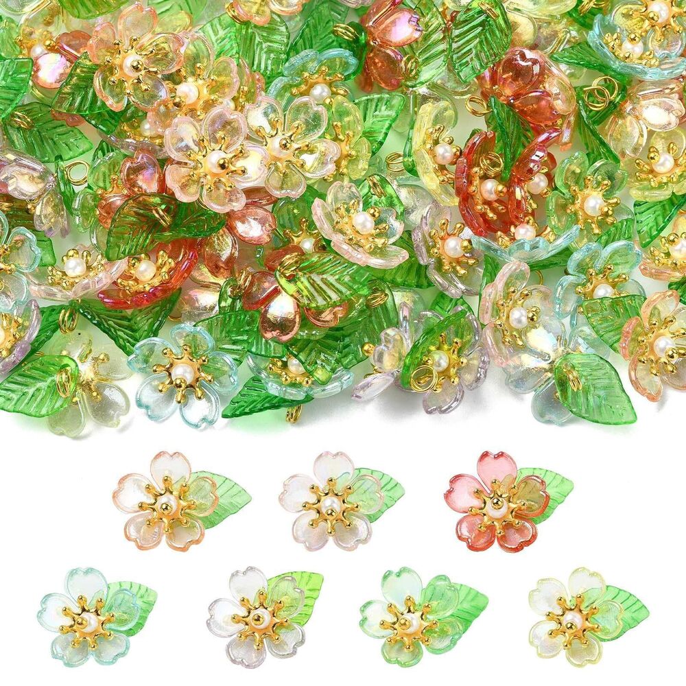 6051 100 Pcs Mixed Colors Flower Charms Pendants Floral with Green Leaf
